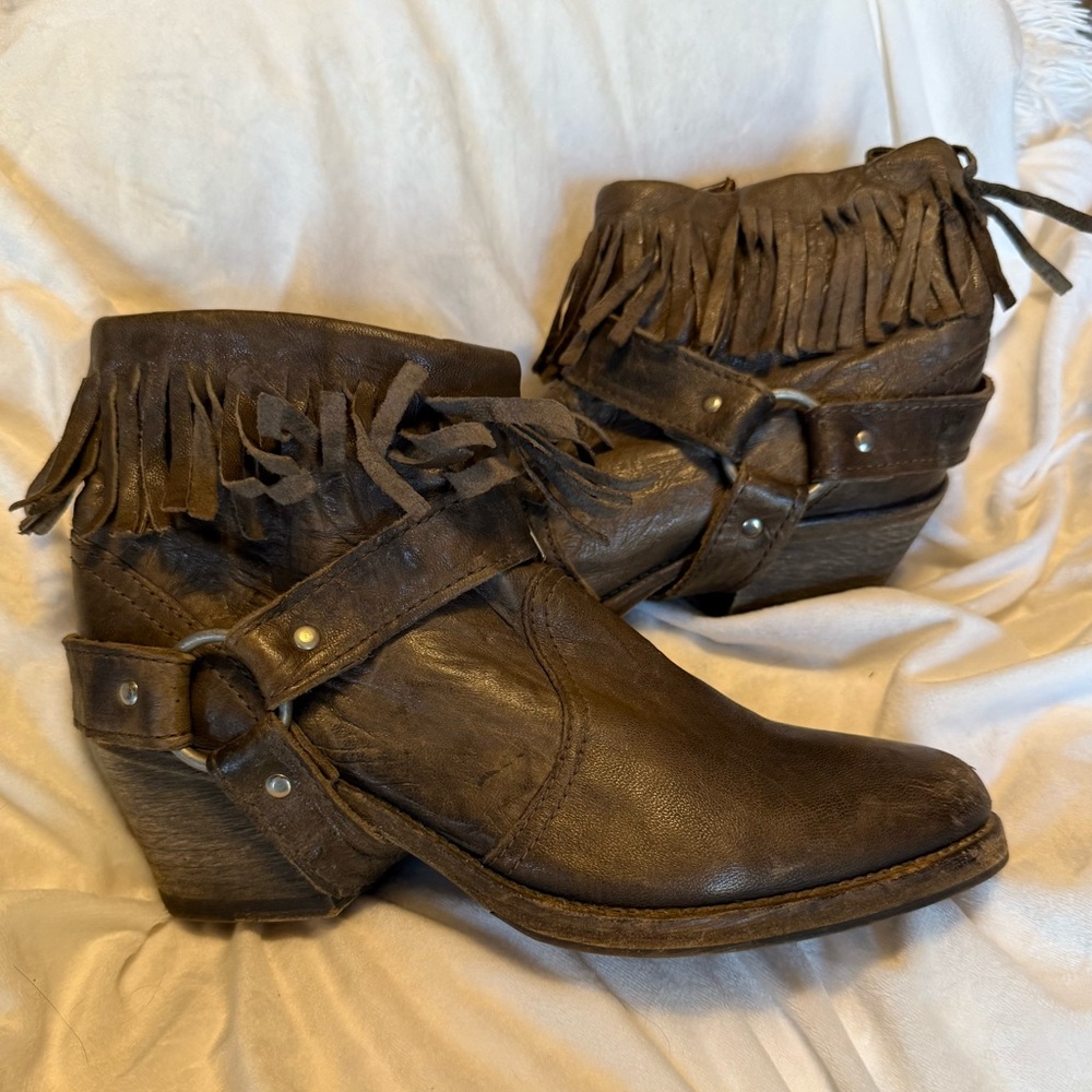All Saints Fringe Leather Harness Ankle Boots - Brown